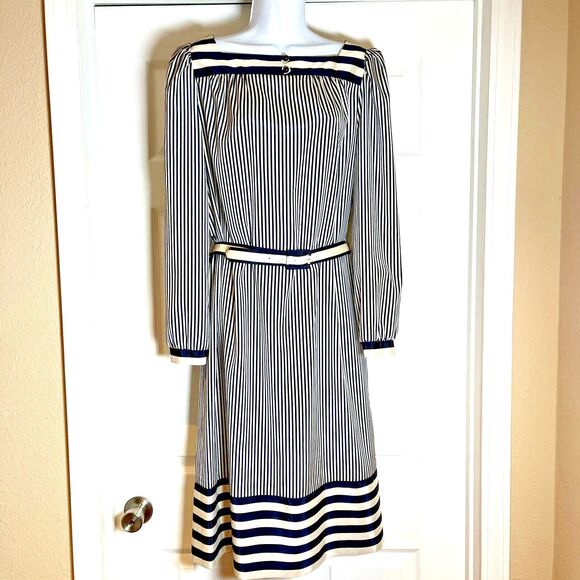 Nardis of Dallas Vintage Women's 12 Navy/Cream Striped Long Sleeve Belted Dress - Picture 1 of 16